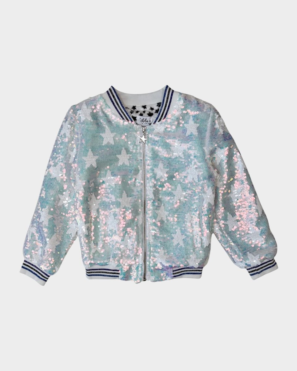 Girl's Iridescent Star Sequined Bomber Jacket, Size 2-14